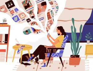 Cute funny girl sitting in comfy armchair and surfing internet on her smartphone. Smiling young woman using social network at home. Online search and communication. Flat cartoon vector illustration